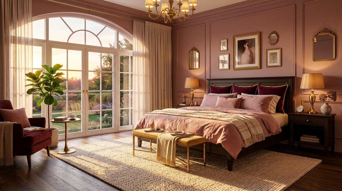 Grand master suite with an arched window, pink paneled walls, and a brass chandelier at sunset.
