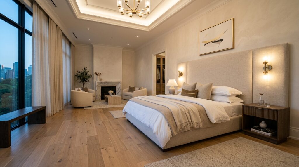 Modern luxury master bedroom with a marble fireplace, floor-to-ceiling windows, and warm ambient lighting.