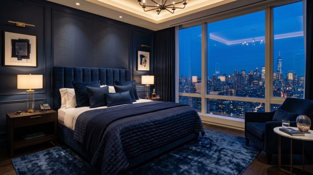 High-end urban bedroom with dark blue wall molding, plush velvet bed, and floor-to-ceiling New York City views.