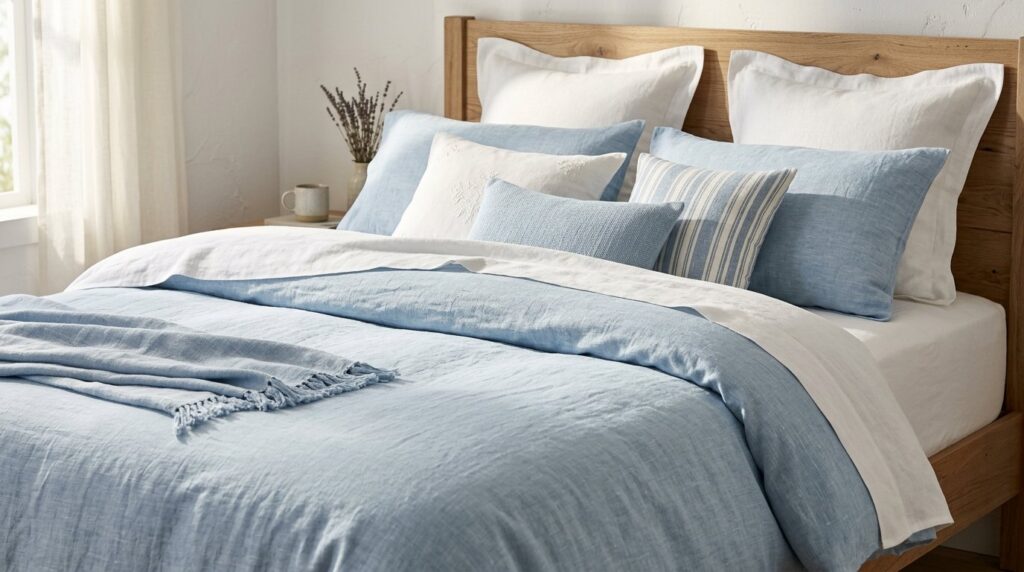 Light blue linen bedding and striped pillows in an airy coastal style on an oak bed frame in a sunlit bedroom.
