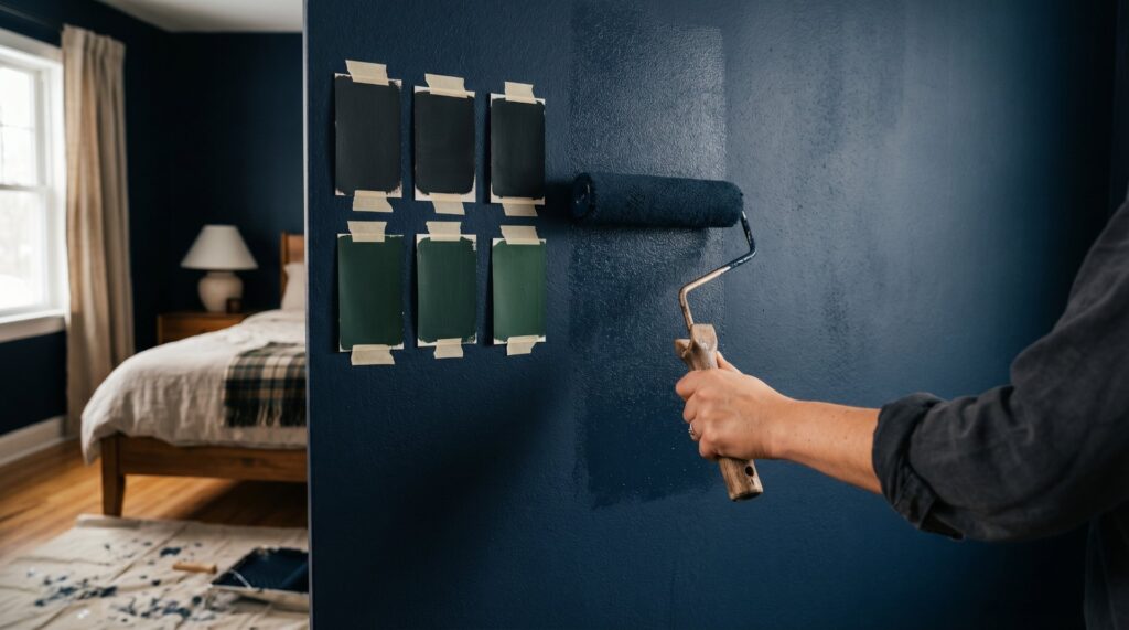 Painting a dark navy accent wall next to color swatches during a moody DIY bedroom makeover.