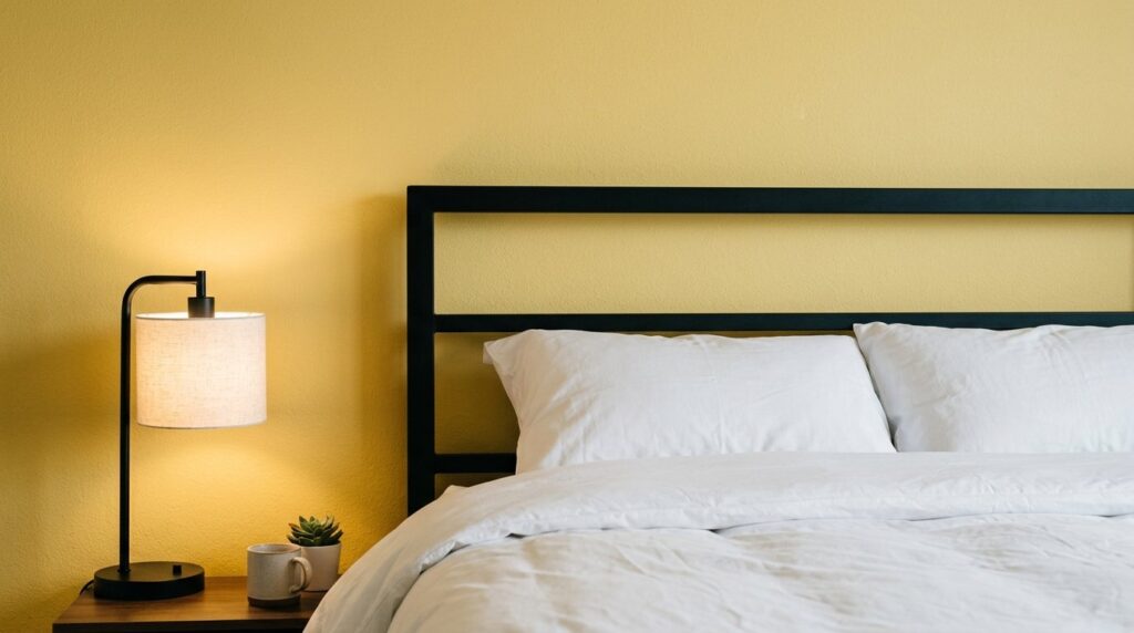 Minimalist black metal bed frame against a vibrant yellow wall with a modern nightstand lamp in a bright bedroom.