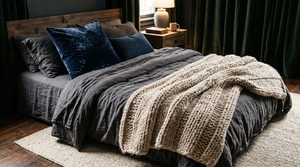 Dark grey linen bedding with a chunky knit cream throw and navy velvet pillows in a rustic, moody bedroom setting.