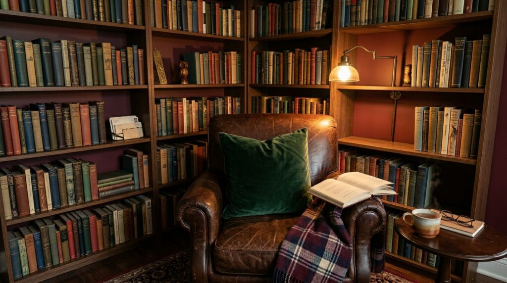 Dark academia library nook with a leather armchair and bookshelves against a deep maroon wall.