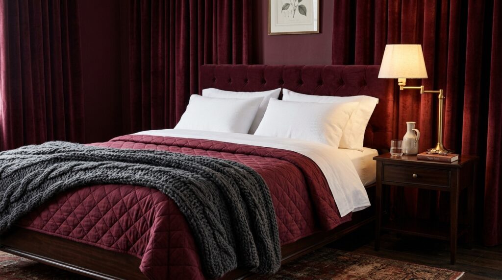 High-end bed with a maroon tufted headboard, burgundy quilt, and a chunky grey knit throw.