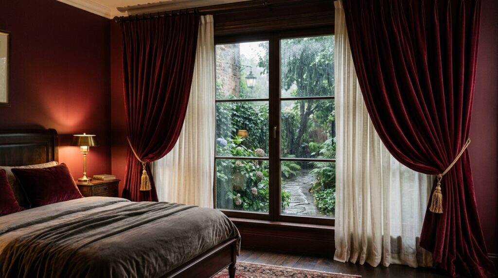 Heavy maroon velvet curtains tied back with gold tassels in a bedroom overlooking a lush rainy garden.