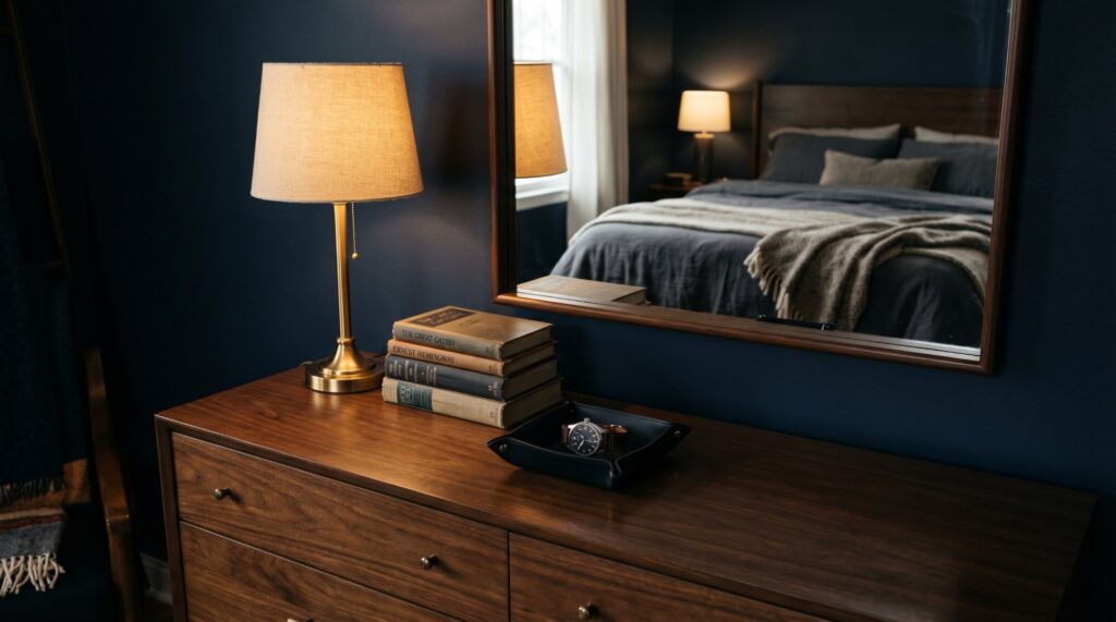Walnut dresser with a brass lamp and vintage books in a moody bedroom with dark blue walls and mirror reflection.