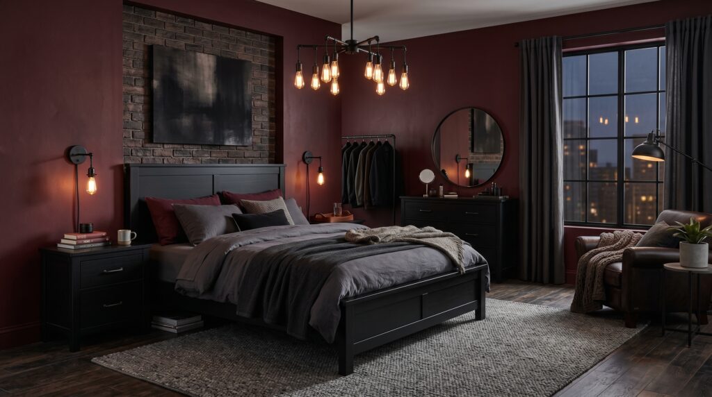Masculine industrial bedroom with dark burgundy walls, exposed brick alcove, black furniture, and Edison bulb lighting.