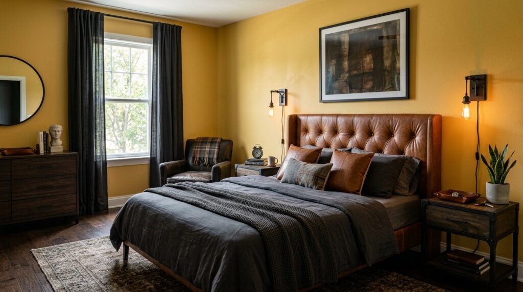 Sophisticated industrial-style bedroom featuring mustard yellow walls, a brown tufted leather headboard, dark charcoal bedding, and Edison bulb wall sconces.