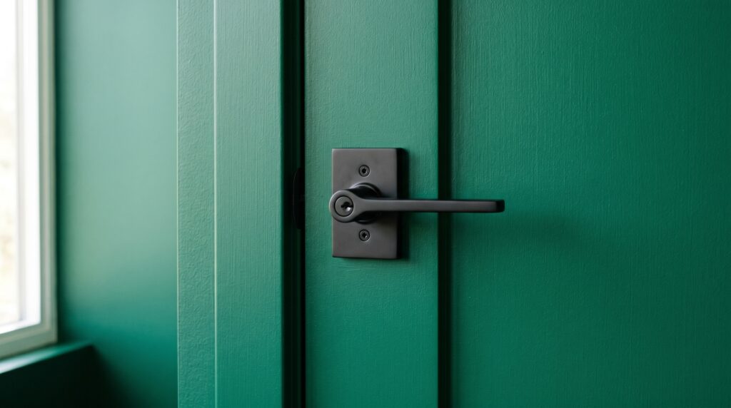 Matte black lever door handle on a vibrant emerald green interior door for a modern home aesthetic.