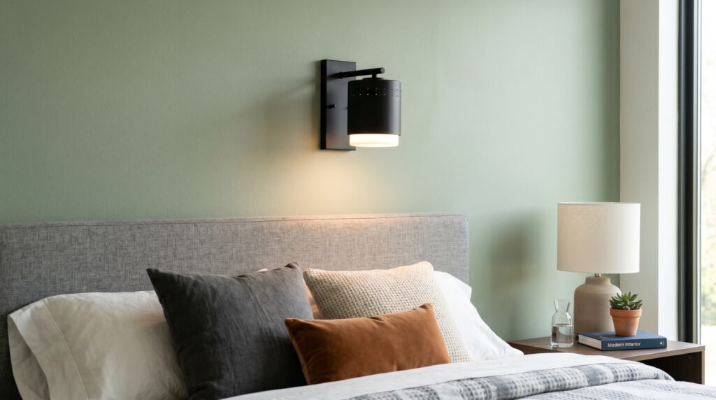 Modern matte black wall sconce mounted on a sage green wall above a grey upholstered headboard.