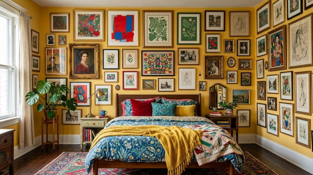 Vibrant maximalist bedroom with mustard yellow walls and an extensive gallery wall of framed art behind a wooden bed with colorful layered bedding and a large Monstera plant.