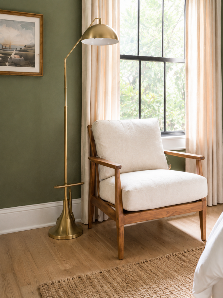 Mid-century modern armchair in cream fabric next to a gold floor lamp by a window with sheer curtains.