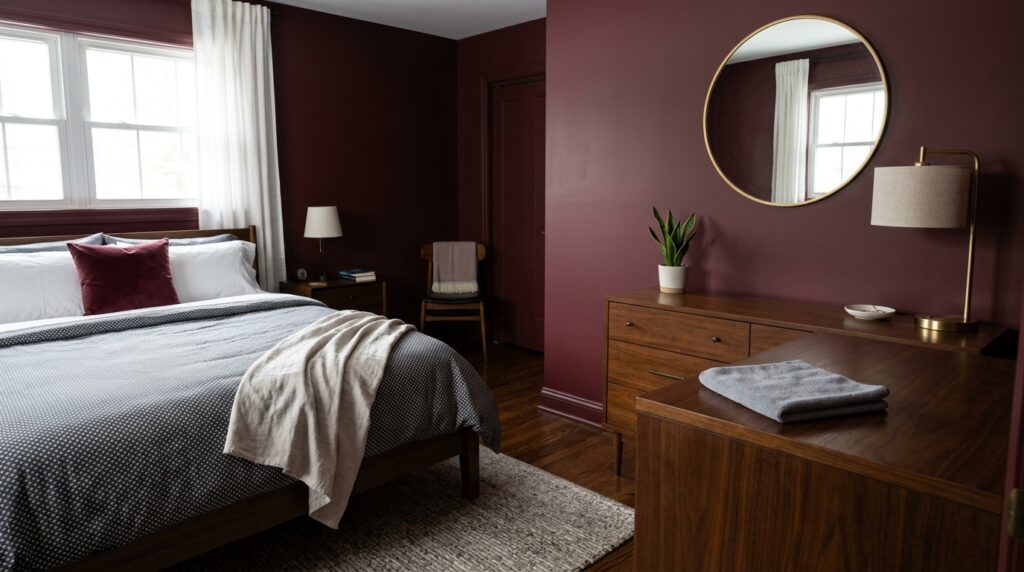 Mid-century modern bedroom featuring maroon walls and a wooden dresser with a round gold mirror.