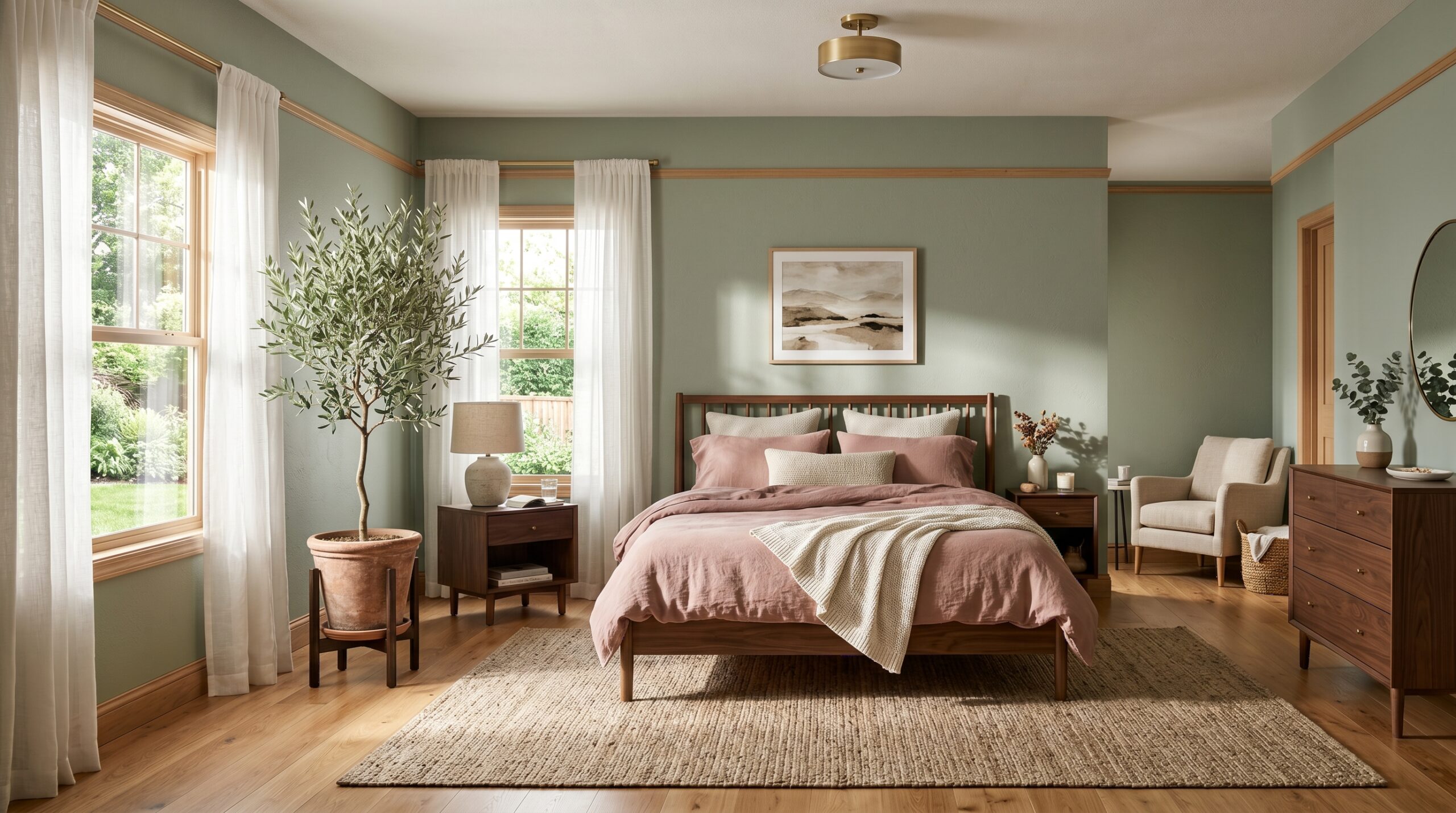 Mid-century modern bedroom with sage green walls, dusty rose bedding, and a potted olive tree in a bright interior.