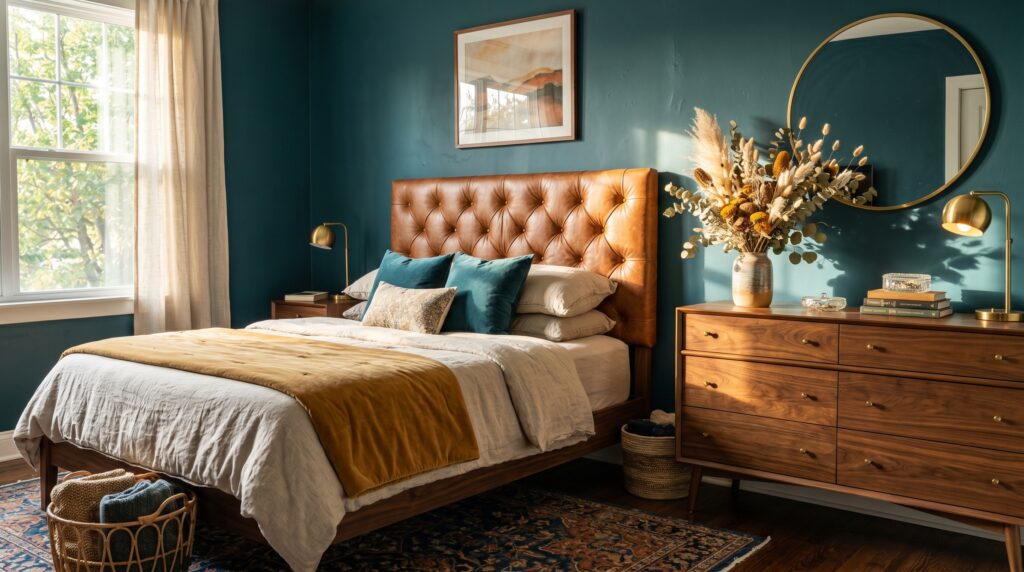 Mid-century modern bedroom featuring a tan tufted leather headboard and teal walls with walnut wood dresser.