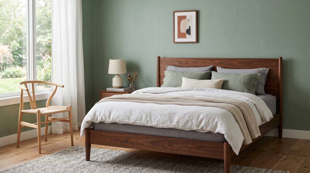 Mid-century modern walnut bed frame and a Wishbone chair in a minimalist sage green master bedroom.
