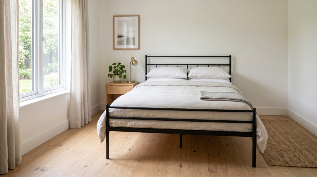 Minimalist bedroom featuring a black metal bed frame, white linens, and natural light from a garden window.