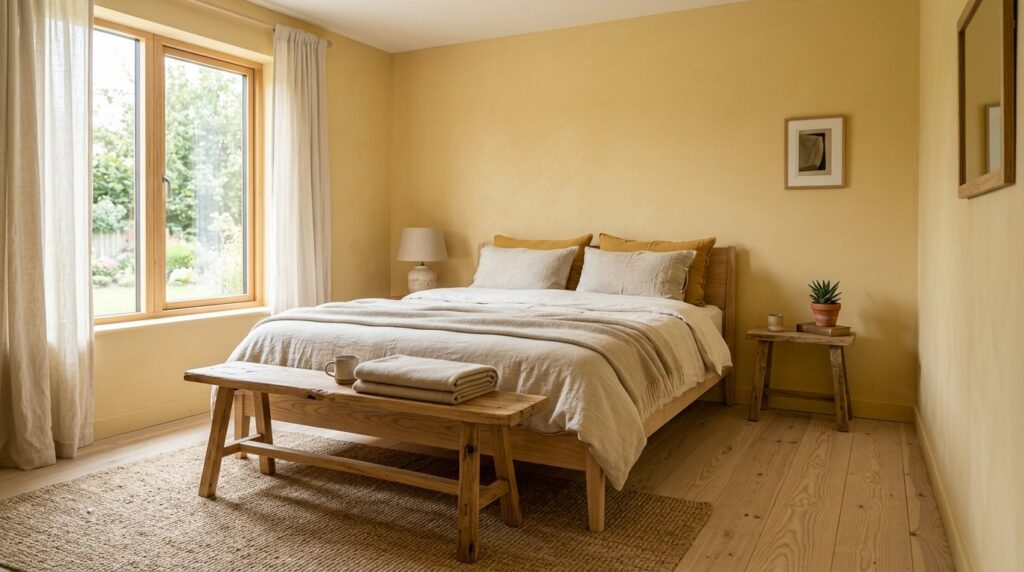 Minimalist Scandinavian bedroom with pale yellow walls, light wood platform bed, rustic wood bench, and natural light from a large window.