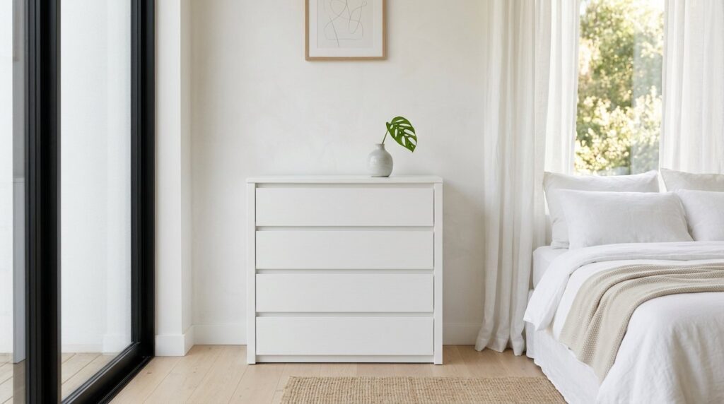Minimalist white four-drawer dresser with a single monstera leaf in a bright, modern bedroom next to a bed with white linens.