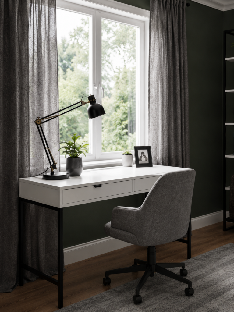 Minimalist home office desk setup with a sleek black task lamp and grey swivel chair by a bright window.