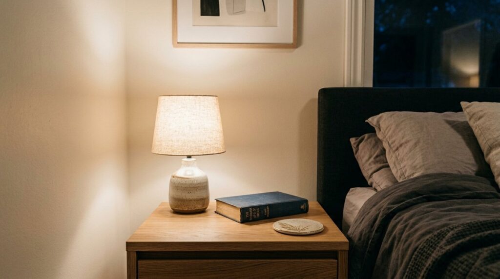 Ceramic bedside lamp glowing on a wooden nightstand with a hardcover book in a cozy, minimalist bedroom.