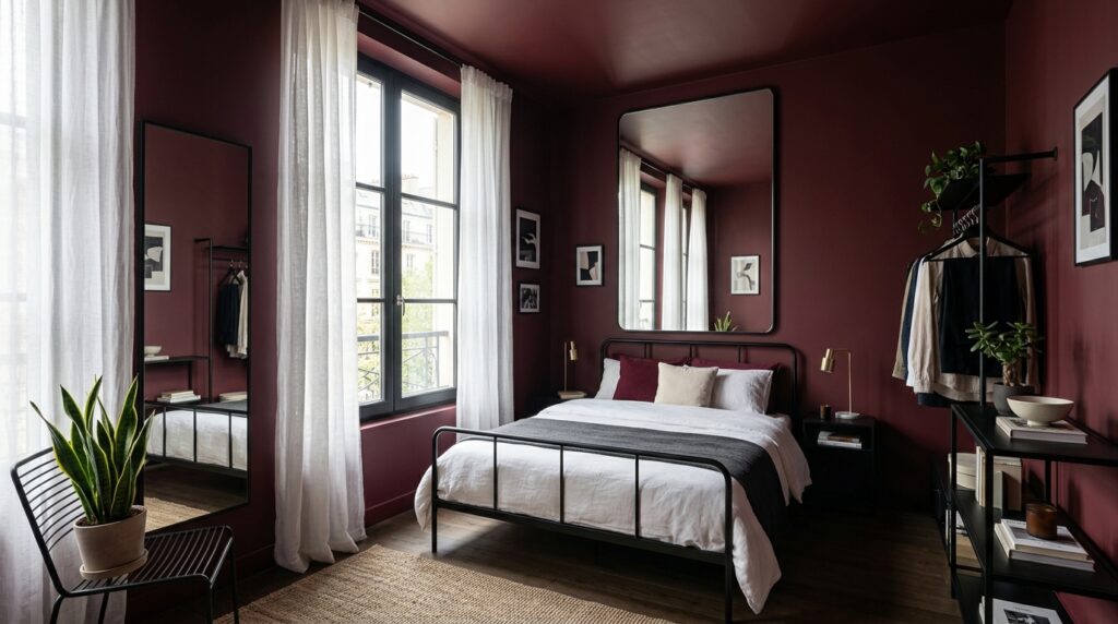 Maroon bedroom with a minimalist black metal bed and airy white curtains in a bright urban apartment.