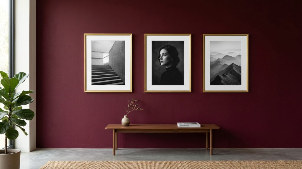 Modern gallery wall with gold-framed black and white art on a deep maroon minimalist accent wall.