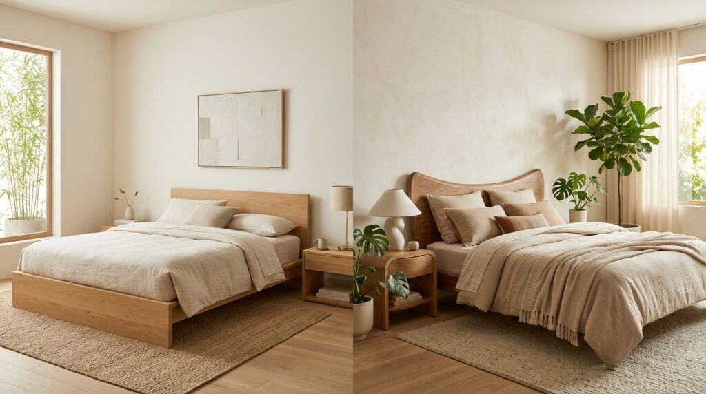 Side-by-side comparison of minimalist oak bed frames featuring clean lines and organic curved headboard designs.