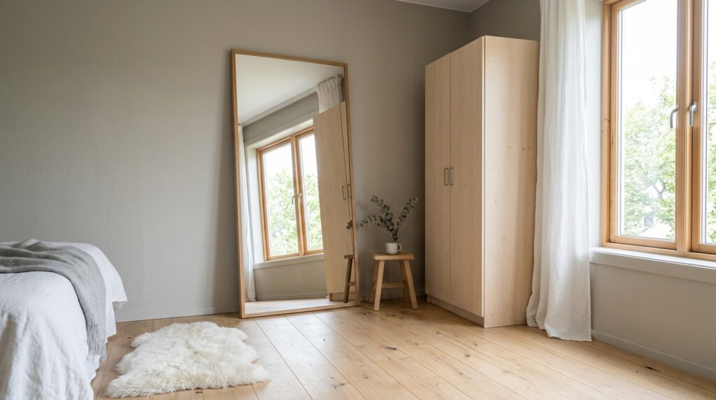 Large oak floor mirror and wardrobe in a bright minimalist bedroom with a plush white sheepskin rug.