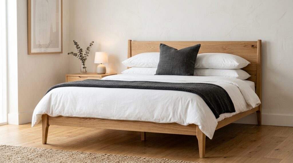 Minimalist platform bed made of light ash wood with crisp white bedding and a dark grey textured lumbar pillow.