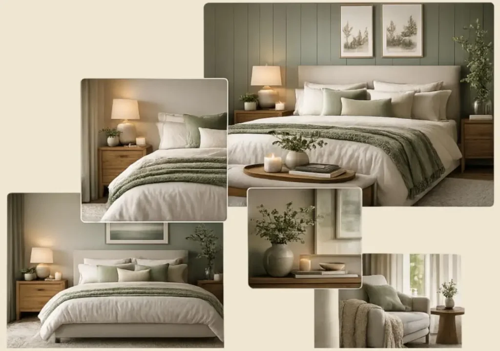 Sage green bedroom with oak headboard, white linen bedding, and morning light through an arched window.