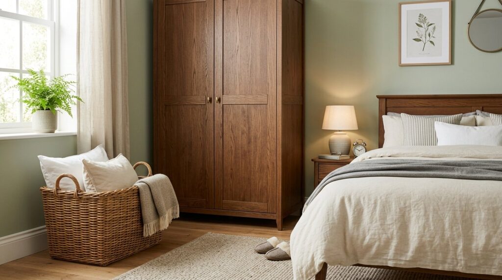 Oak wardrobe and wicker basket in a rustic sunlit bedroom with neutral bedding and sage green walls.