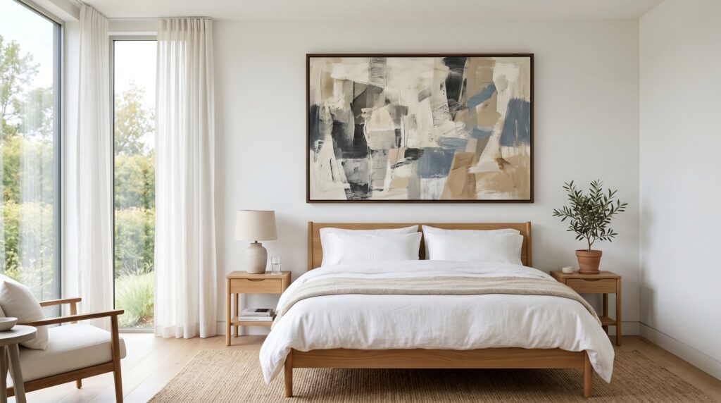 Modern bedroom with a large abstract painting above a wooden bed frame and neutral bedding.