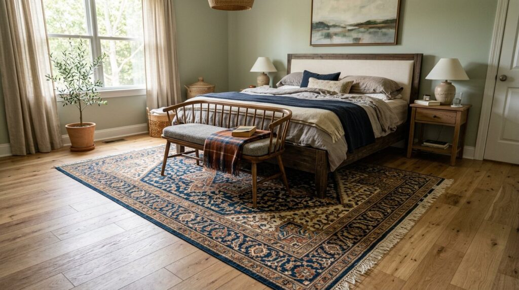 Large navy oriental rug and wooden spindle bench in a rustic master bedroom with sage green walls and olive tree.