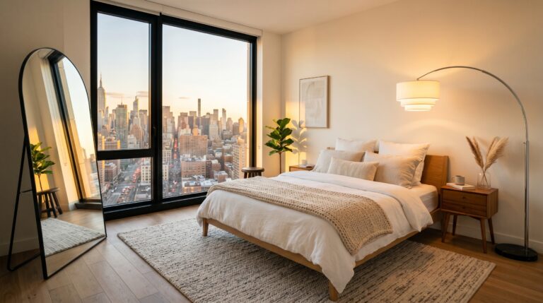 Modern bedroom with an arched mirror and sunset city views of the New York skyline through a large window.