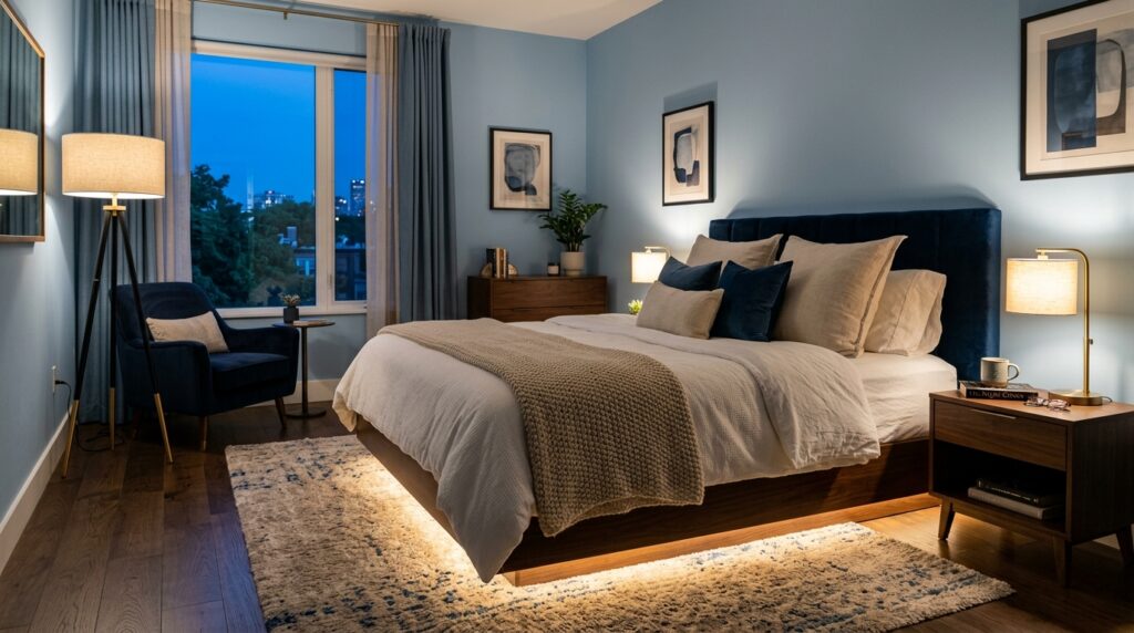 Modern blue bedroom with a velvet headboard and warm under-bed lighting in a cozy evening setting.