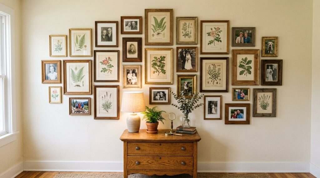 Large vintage gallery wall of family photos and botanical prints above a wooden console chest with a glowing lamp.