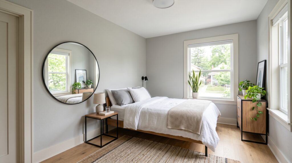 Modern light gray bedroom featuring a large round mirror and minimalist wooden dresser by a bright window.