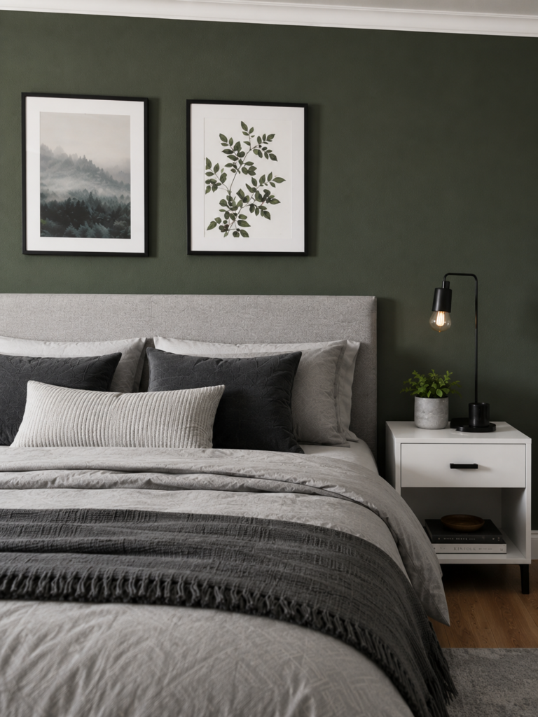 Modern grey bedding set and framed nature wall art prints against a dark olive green bedroom wall.