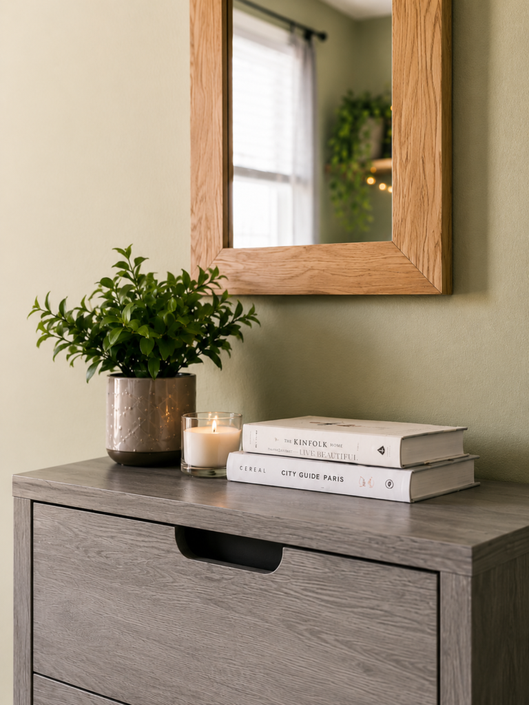 Modern grey wood bedroom dresser decor styled with a potted plant, lit candle, books, and an oak mirror.