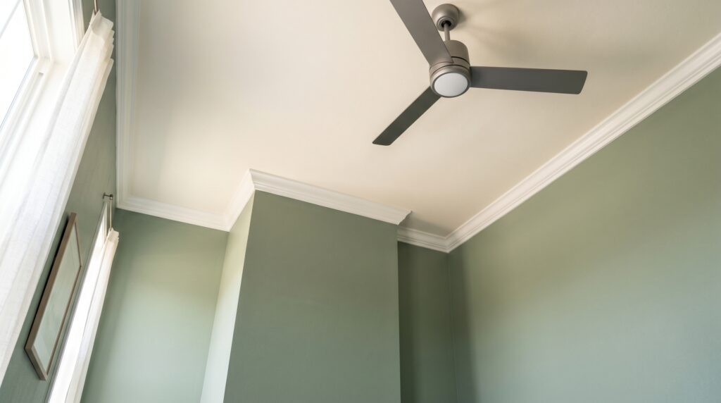 Modern grey three-blade ceiling fan installed on a white ceiling with decorative crown molding and sage walls.