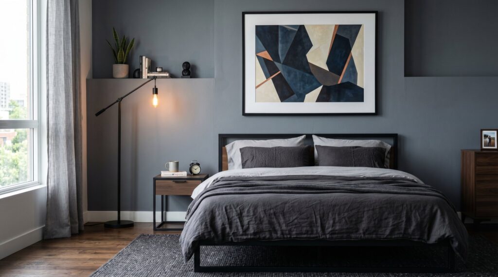 Modern minimalist bedroom featuring a black metal bed and large abstract wall art against a moody blue-gray wall.