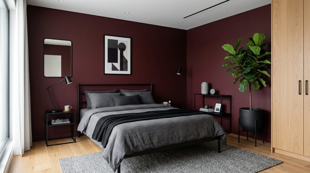 Modern minimalist bedroom with dark plum walls, charcoal grey linen bedding and a large fiddle leaf fig plant.