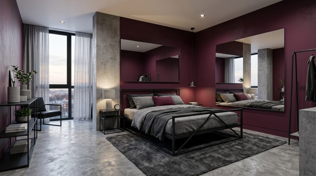 Modern industrial bedroom with deep maroon walls and concrete pillars in a minimalist urban loft.