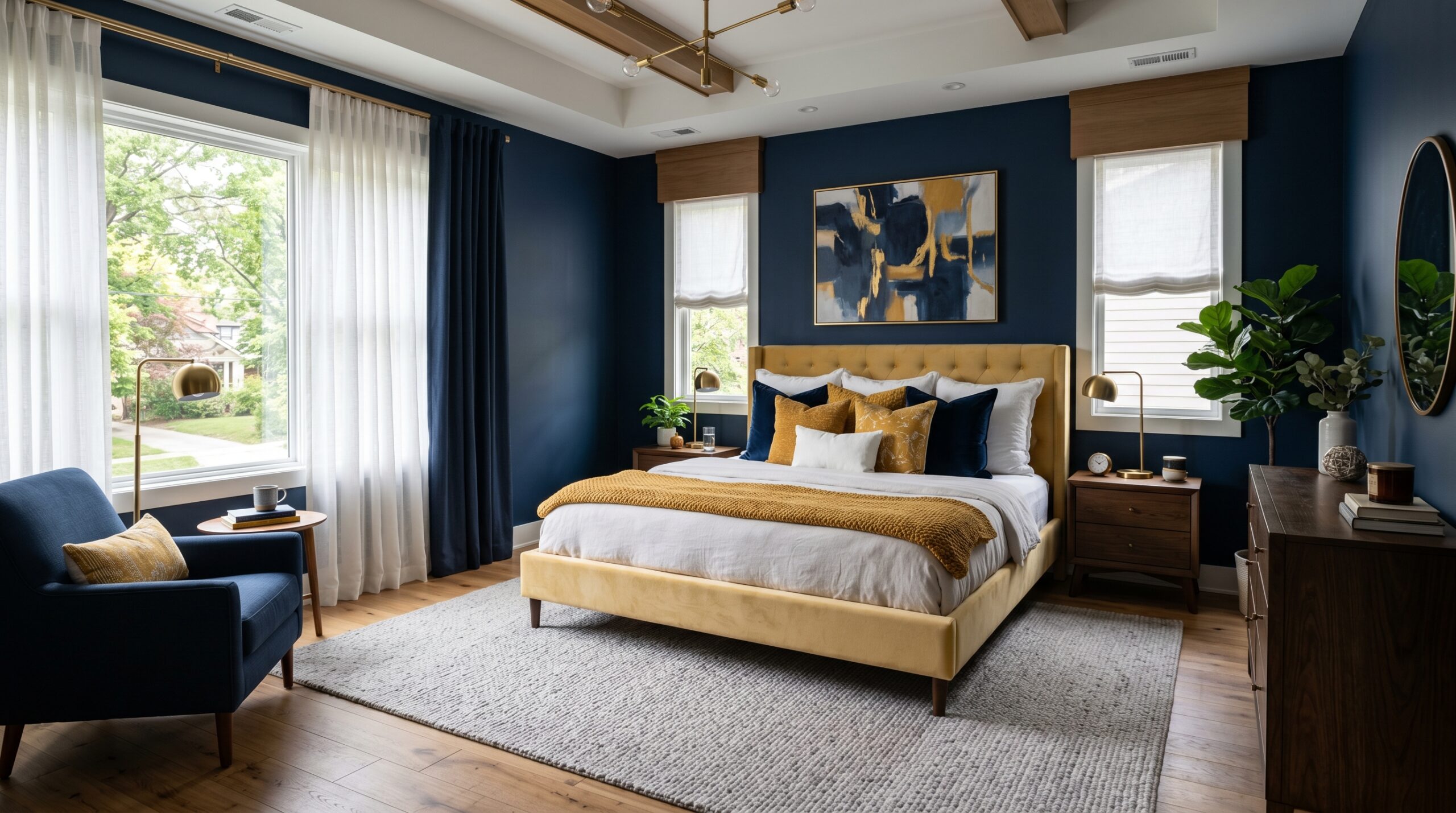 Modern master bedroom with navy blue walls and a yellow tufted bed frame in a cozy sunlit home.