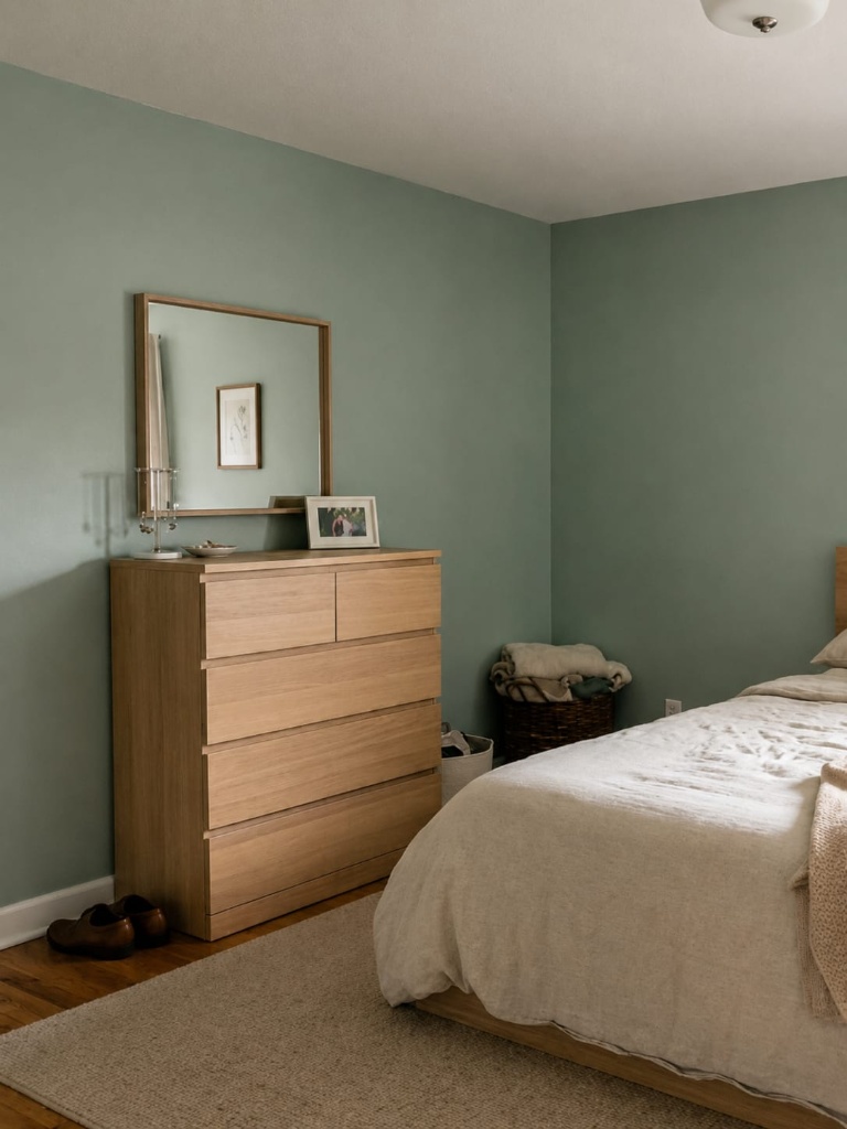 Oak dresser and square mirror with modern organic styling and neutral decor accents in a peaceful sage green bedroom.