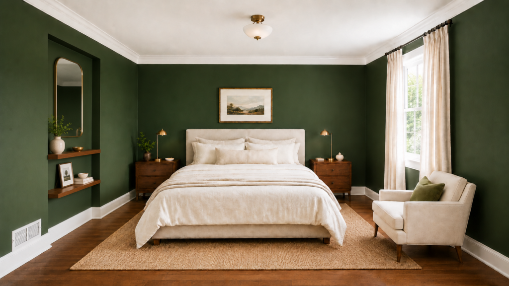 Modern transitional bedroom featuring deep green walls, cream bedding, a jute rug, and warm wood furniture.