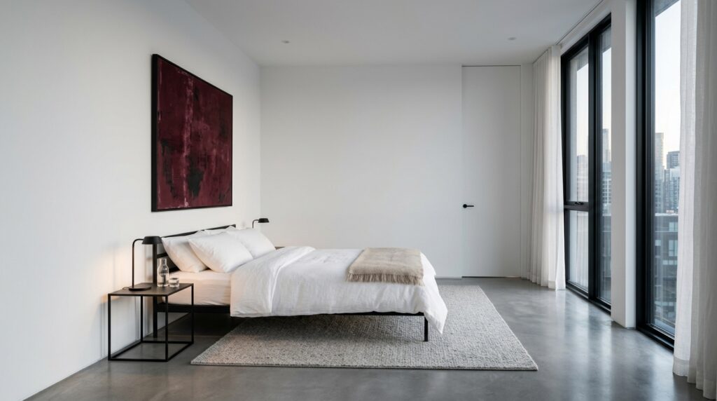 Industrial white bedroom featuring concrete floors and a large burgundy abstract painting above a black metal bed frame.