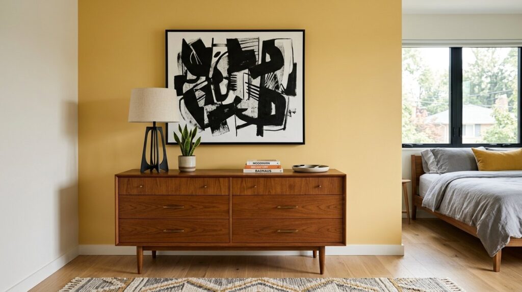 Mid-century modern walnut dresser with black and white abstract art on a mustard yellow accent wall in a bright bedroom.